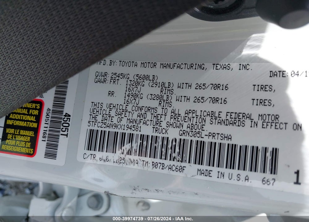 2019 TOYOTA TACOMA VIN: 5TFCZ5AN9KX194581