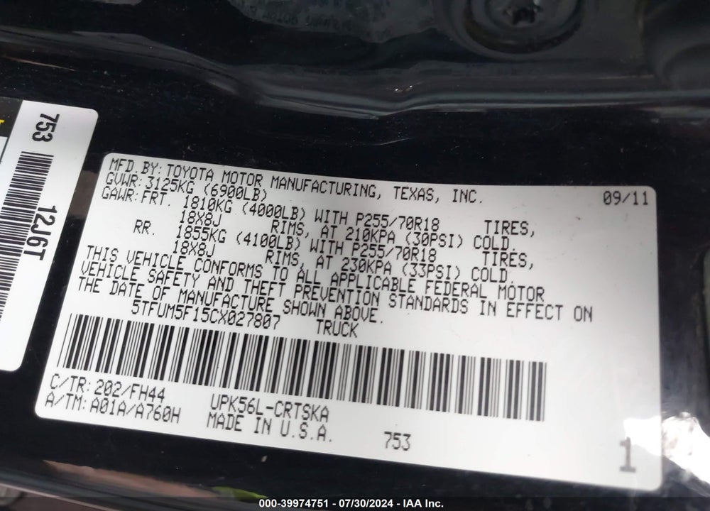 2012 TOYOTA TUNDRA GRADE 4.6L V8 VIN: 5TFUM5F15CX027807