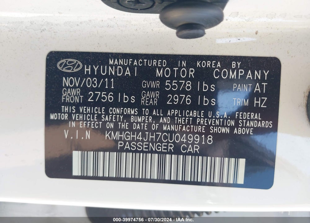 2012 HYUNDAI EQUUS VIN: KMHGH4JH7CU049918