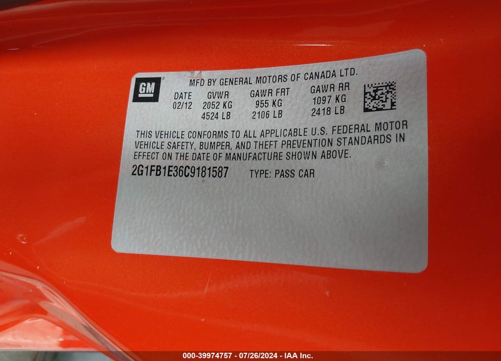 2012 CHEVROLET CAMARO 1LT VIN: 2G1FB1E36C9181587