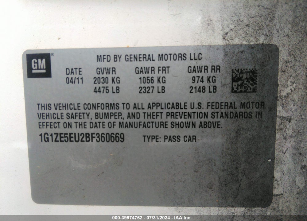 2011 CHEVROLET MALIBU LTZ VIN: 1G1ZE5EU2BF360669