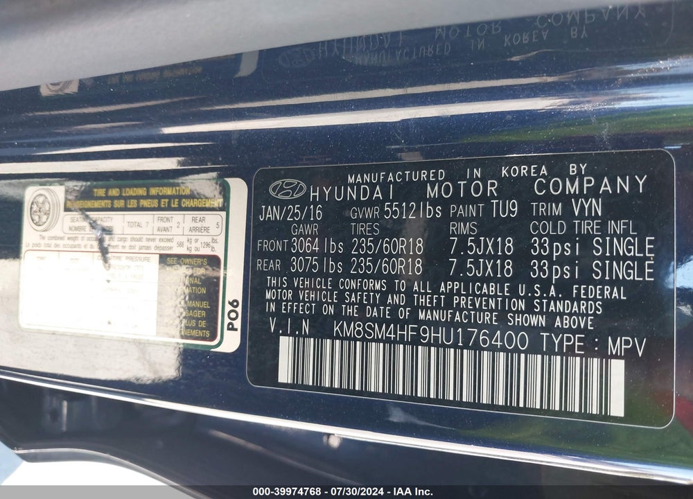 2017 HYUNDAI SANTA FE SE VIN: KM8SM4HF9HU176400