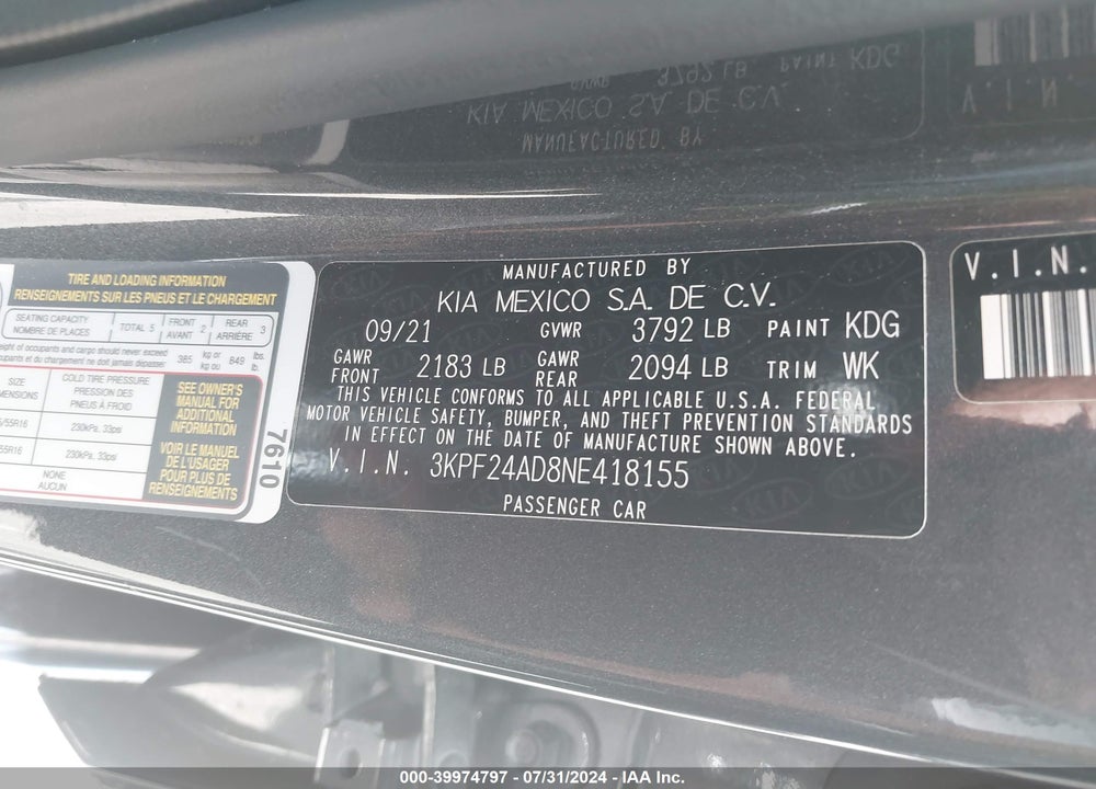 2022 KIA FORTE LXS VIN: 3KPF24AD8NE418155