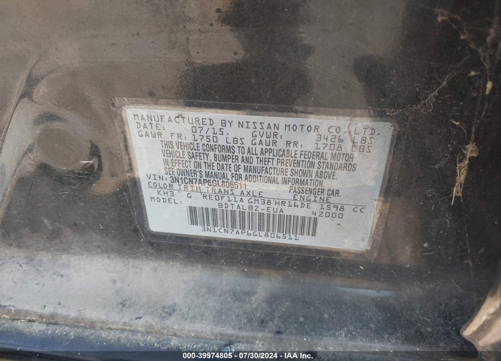 2016 NISSAN VERSA 1.6 SV VIN: 3N1CN7AP6GL806511