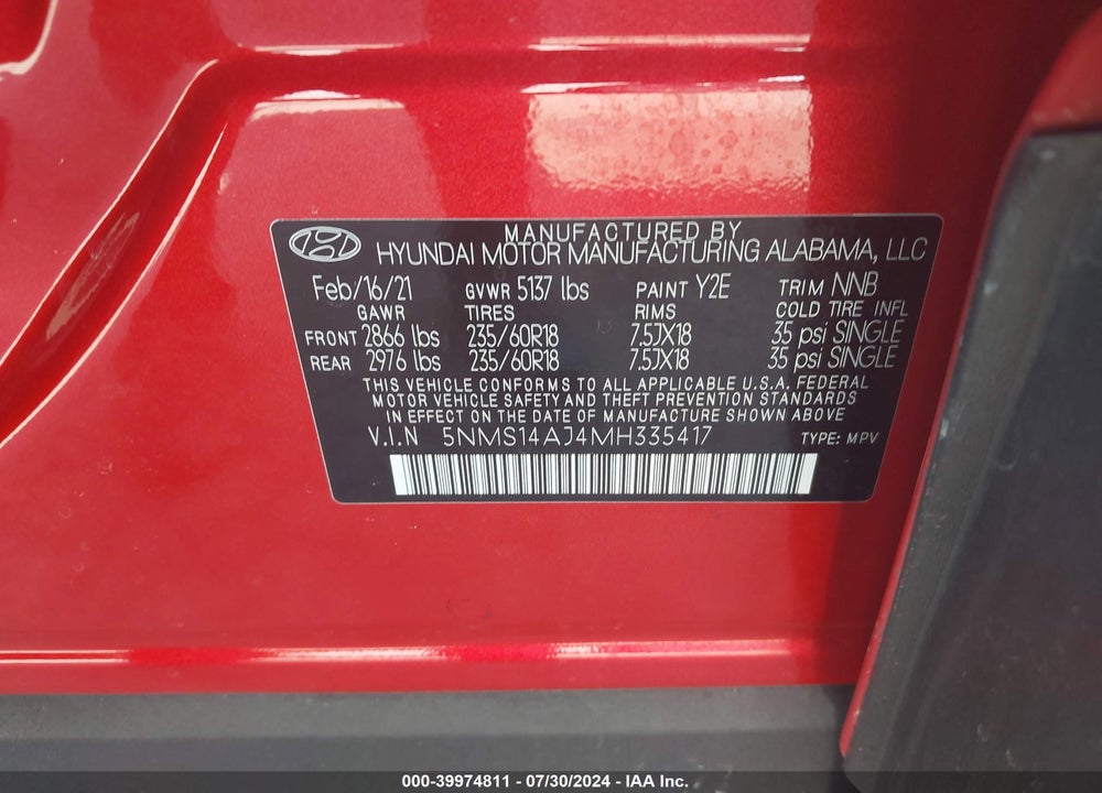 2021 HYUNDAI SANTA FE SE VIN: 5NMS14AJ4MH335417