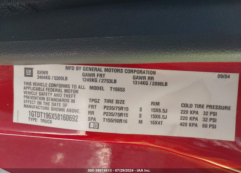 2005 GMC CANYON SLE VIN: 1GTDT196X58160692
