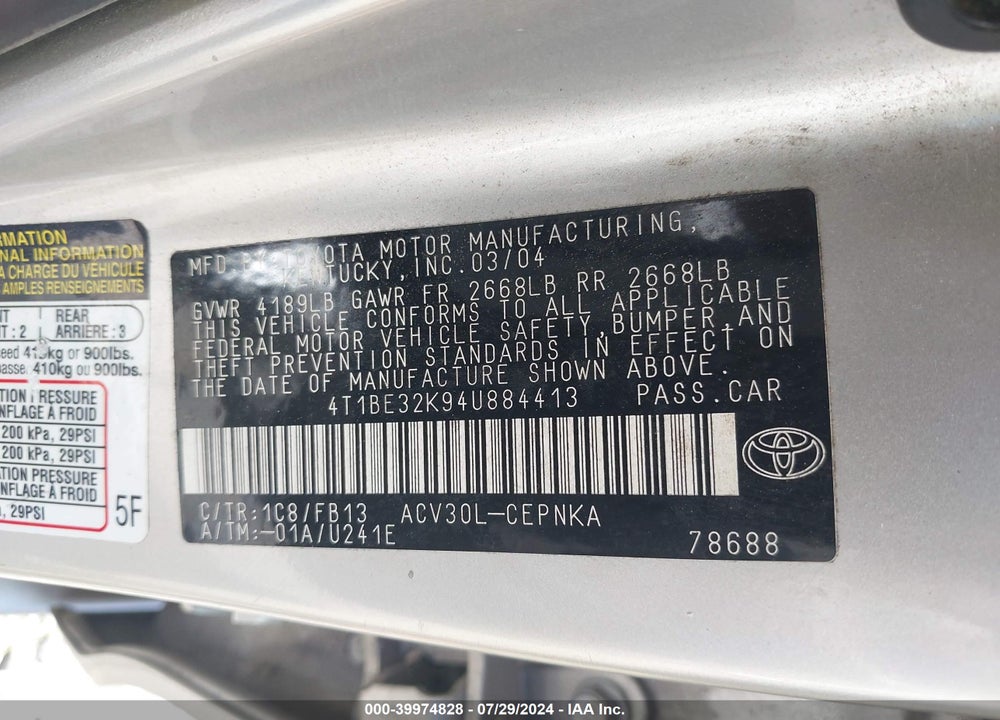 2004 TOYOTA CAMRY VIN: 4T1BE32K94U884413