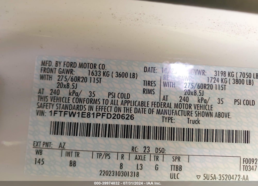 2023 FORD F-150 PLATINUM VIN: 1FTFW1E81PFD20626