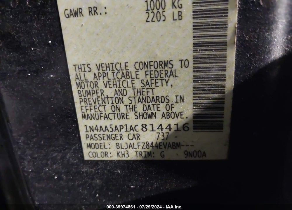 2010 NISSAN MAXIMA 3.5 SV VIN: 1N4AA5AP1AC814416