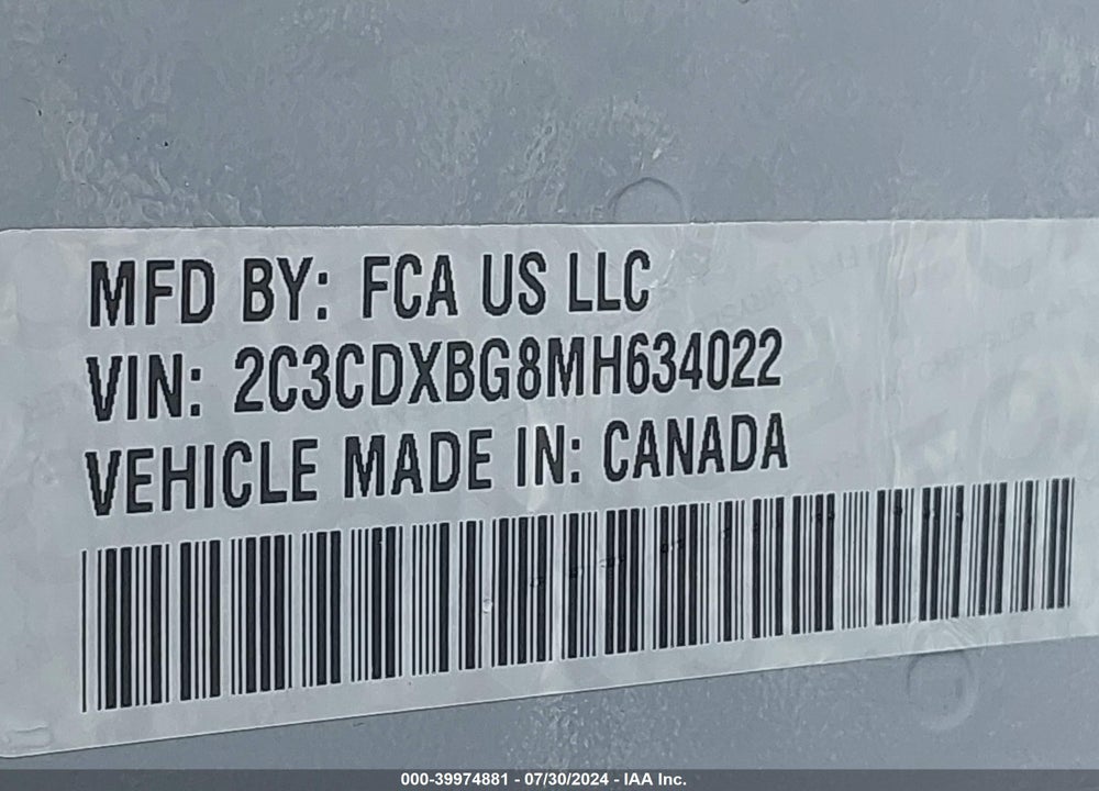 2021 DODGE CHARGER SXT RWD VIN: 2C3CDXBG8MH634022