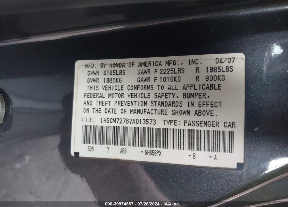 2007 HONDA ACCORD 2.4 EX VIN: 1HGCM72787A013573