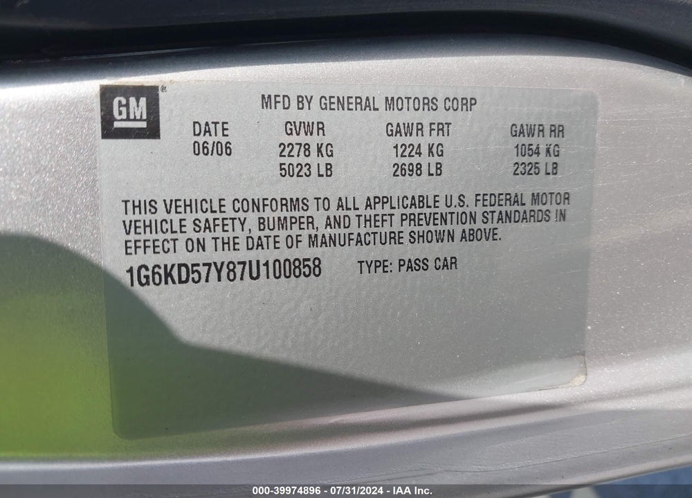 2007 CADILLAC DTS LUXURY I VIN: 1G6KD57Y87U100858