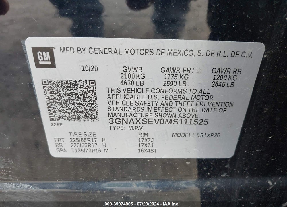 2021 CHEVROLET EQUINOX AWD LS VIN: 3GNAXSEV0MS111525