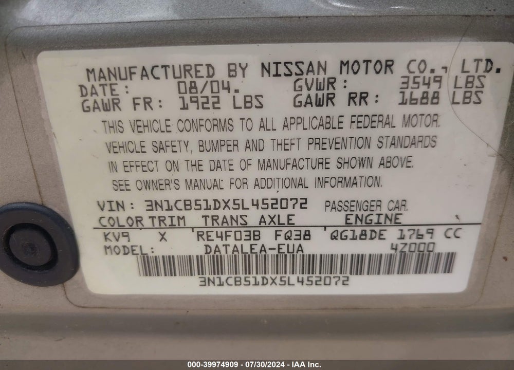 2005 NISSAN SENTRA 1.8S VIN: 3N1CB51DX5L452072
