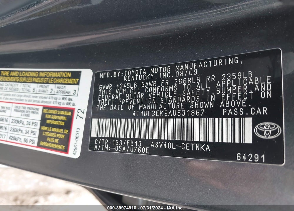2010 TOYOTA CAMRY VIN: 4T1BF3EK9AU531867