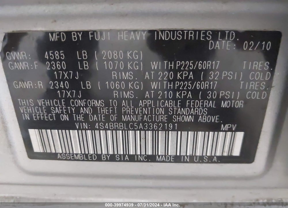 2010 SUBARU OUTBACK 2.5I LIMITED VIN: 4S4BRBLC5A3362191