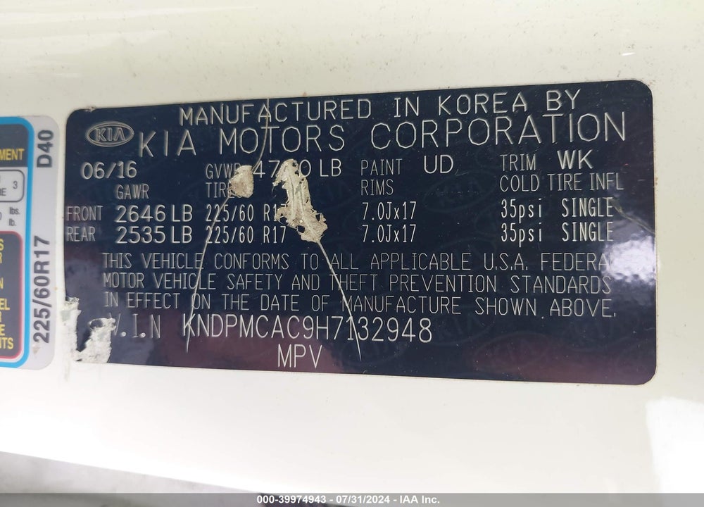 2017 KIA SPORTAGE LX VIN: KNDPMCAC9H7132948