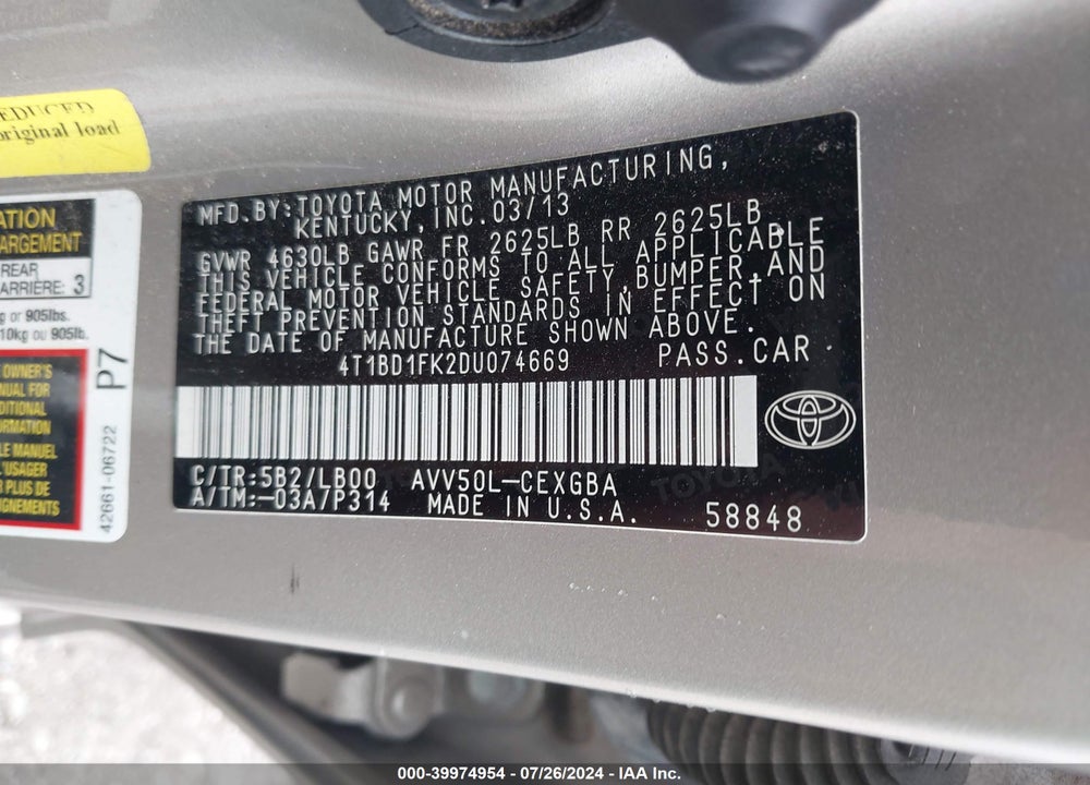 2013 TOYOTA CAMRY HYBRID XLE VIN: 4T1BD1FK2DU074669