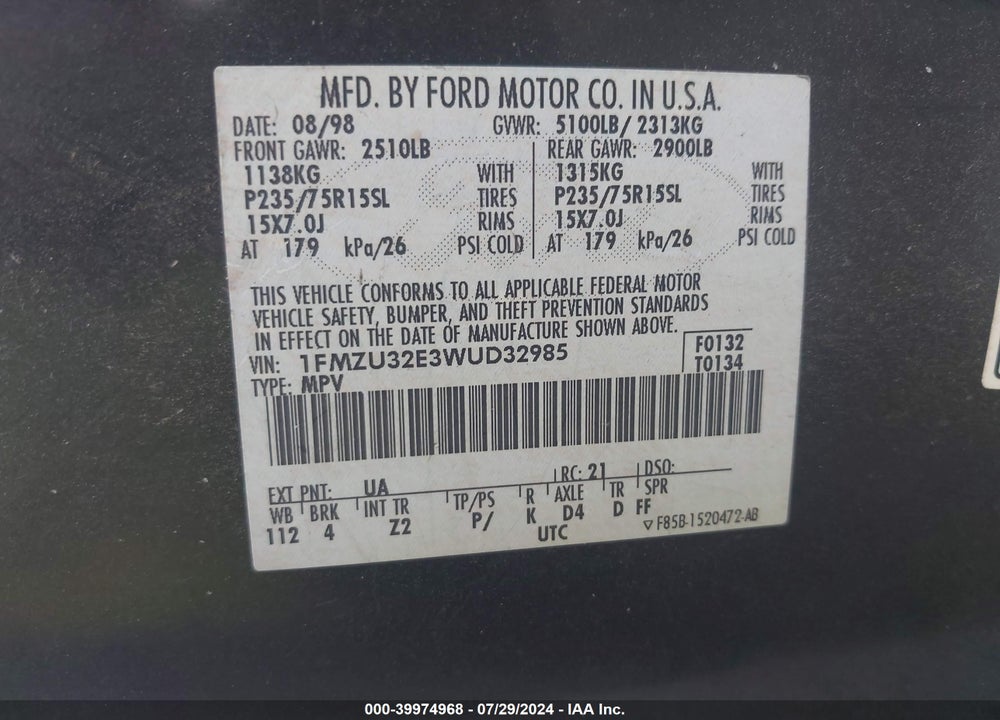 1998 FORD EXPLORER EDDIE BAUER/LIMITED/XL/XLT VIN: 1FMZU32E3WUD32985