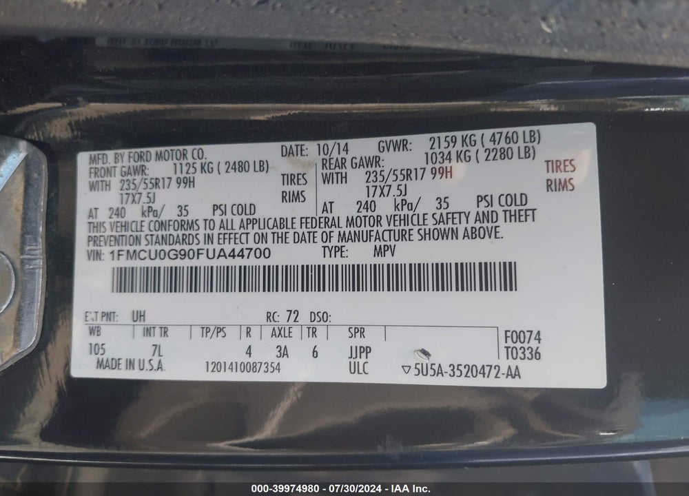 2015 FORD ESCAPE VIN: 1FMCU0G90FUA44700