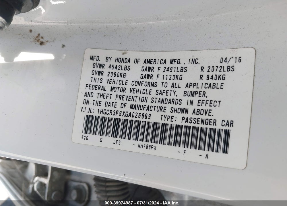 2016 HONDA ACCORD TOURING VIN: 1HGCR3F9XGA026699