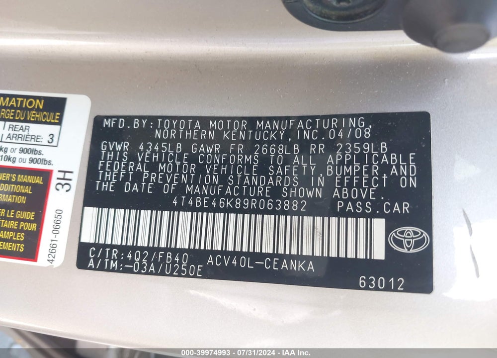2009 TOYOTA CAMRY LE VIN: 4T4BE46K89R063882