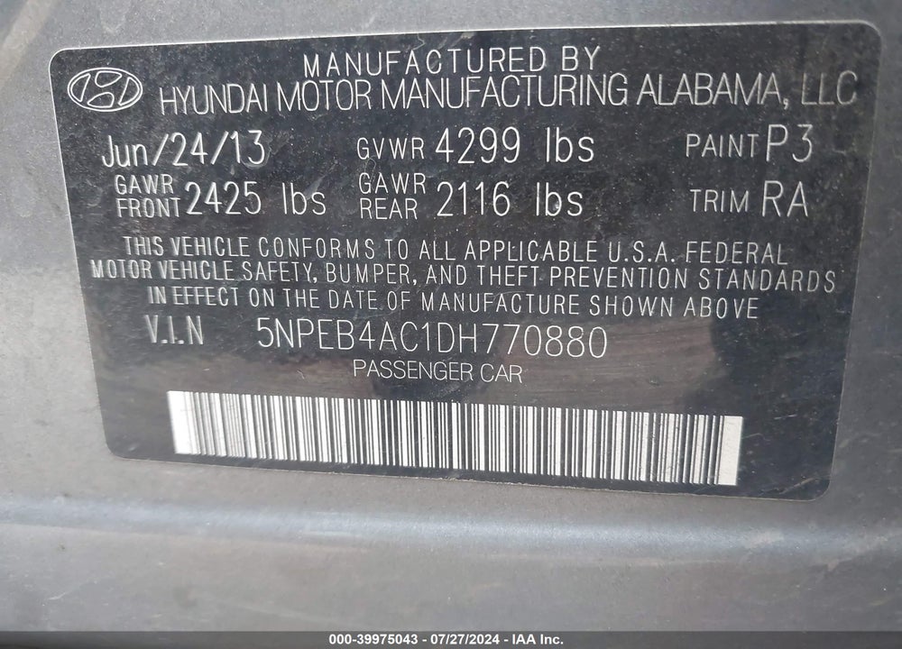 2013 HYUNDAI SONATA GLS VIN: 5NPEB4AC1DH770880