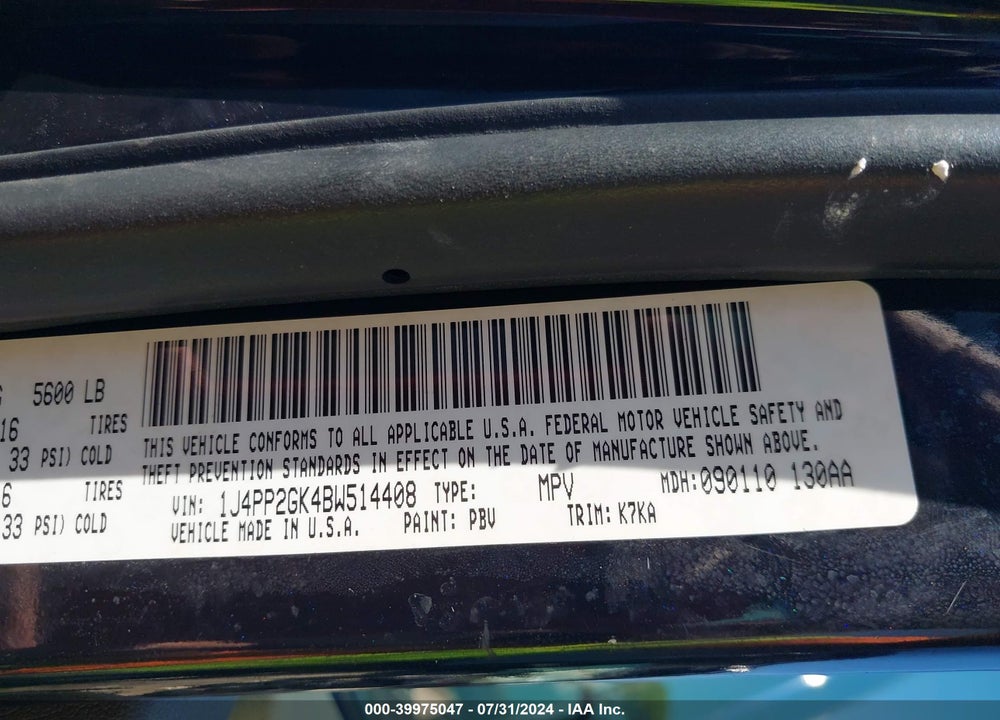 2011 JEEP LIBERTY SPORT VIN: 1J4PP2GK4BW514408