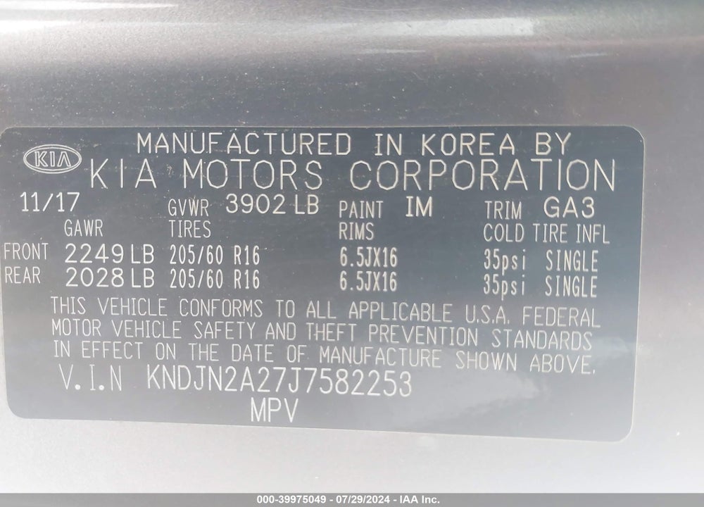 2018 KIA SOUL VIN: KNDJN2A27J7582253
