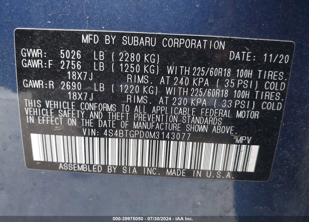 2021 SUBARU OUTBACK TOURING XT VIN: 4S4BTGPD0M3143077