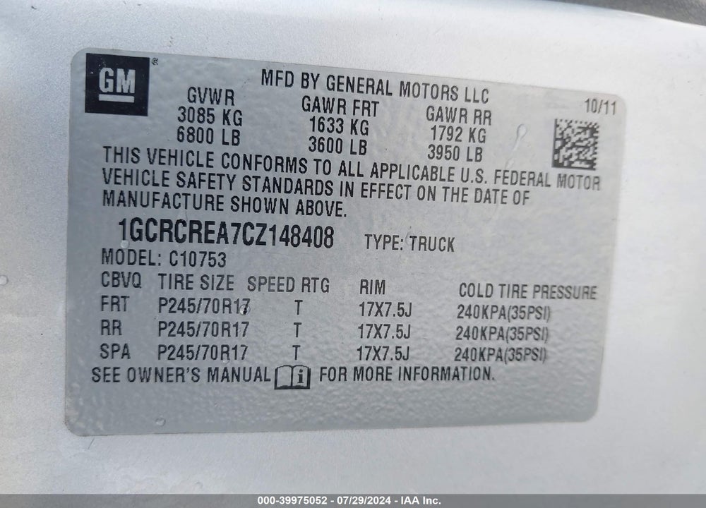 2012 CHEVROLET SILVERADO 1500 LS VIN: 1GCRCREA7CZ148408