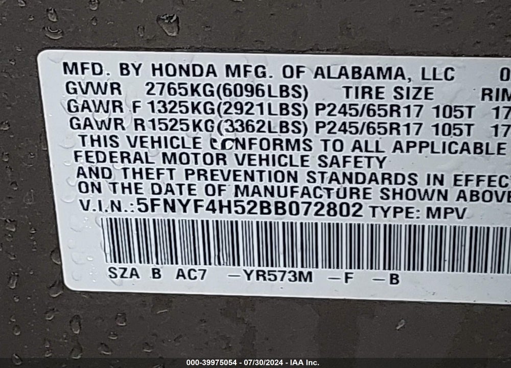 2011 HONDA PILOT VIN: 5FNYF4H52BB072802