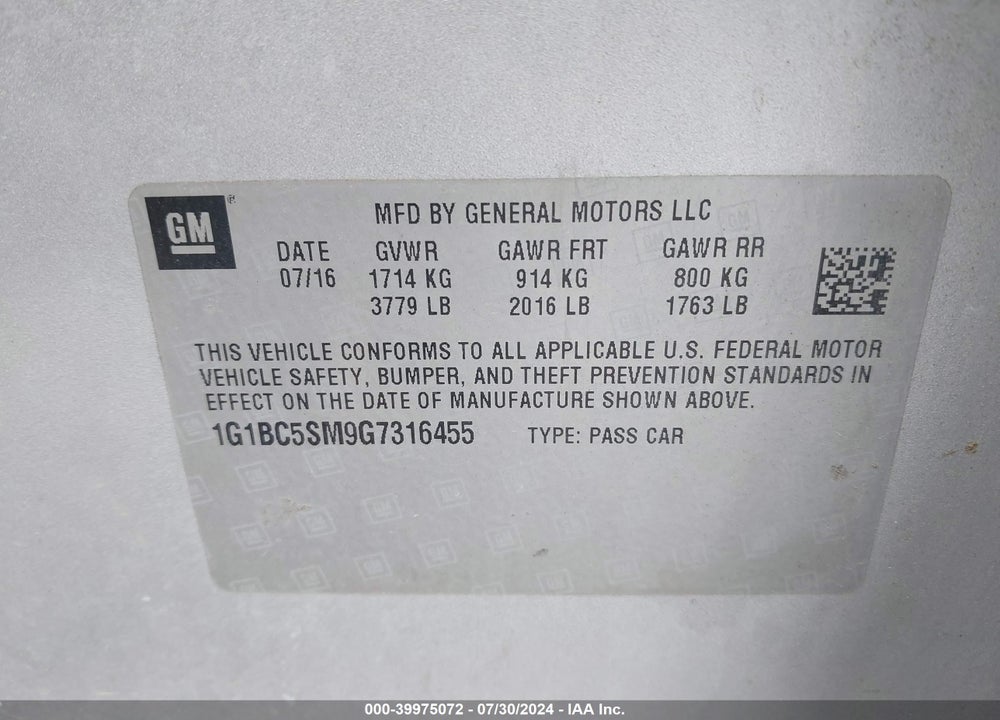 2016 CHEVROLET CRUZE LS AUTO VIN: 1G1BC5SM9G7316455