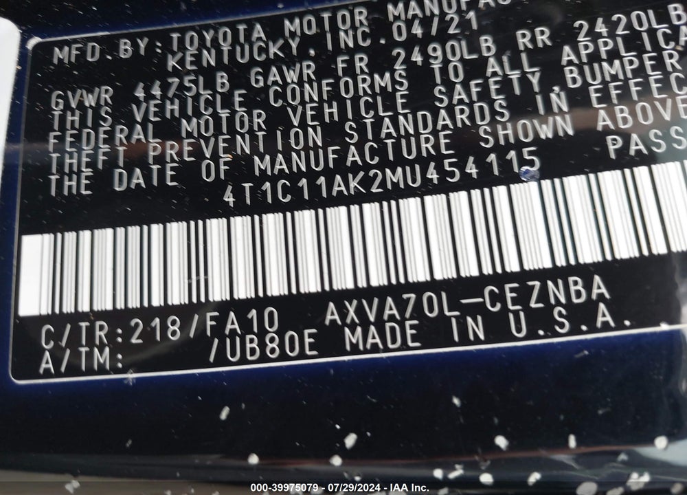 2021 TOYOTA CAMRY LE VIN: 4T1C11AK2MU454115