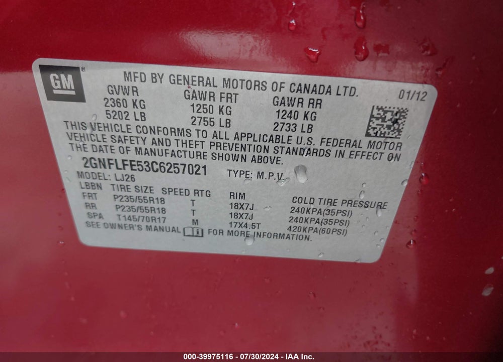 2012 CHEVROLET EQUINOX LTZ VIN: 2GNFLFE53C6257021