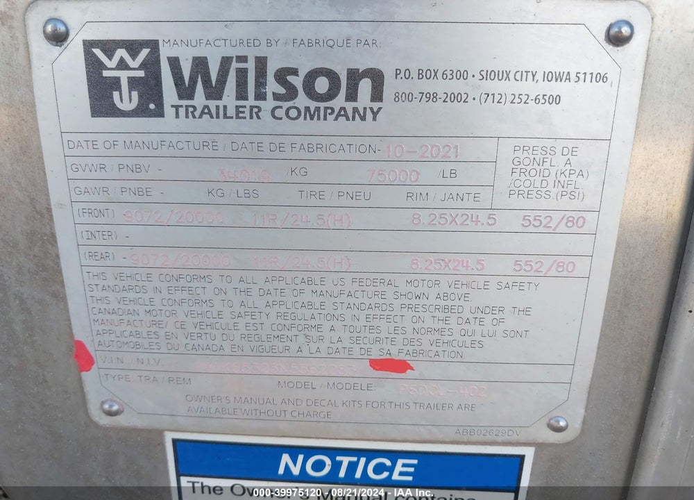 2022 WILSON TRAILER CO LIVESTOCK VIN: 1W1K65325N5562283