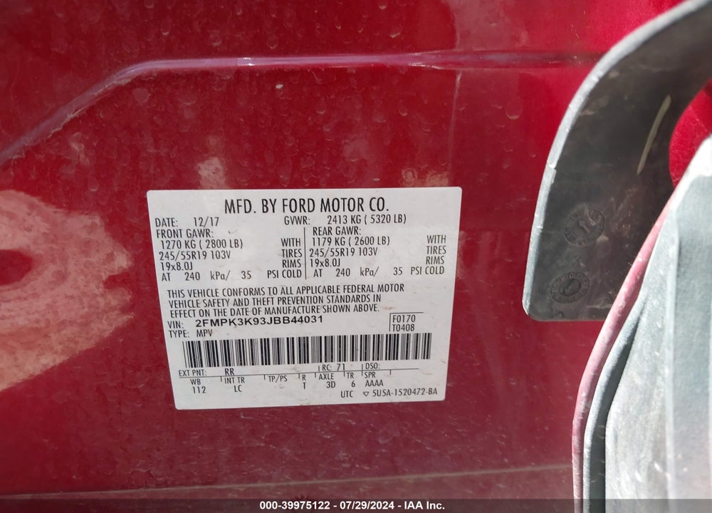 2018 FORD EDGE TITANIUM VIN: 2FMPK3K93JBB44031
