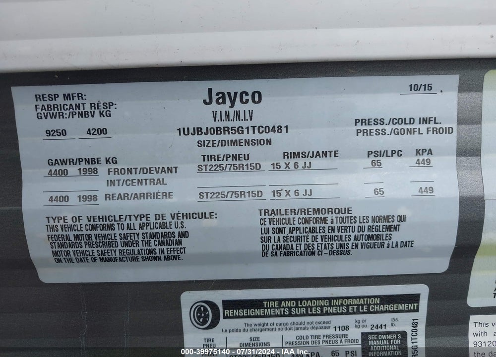 2016 JAYCO INC JFL28BHBE VIN: 1UJBJ0BR5G1TC0481