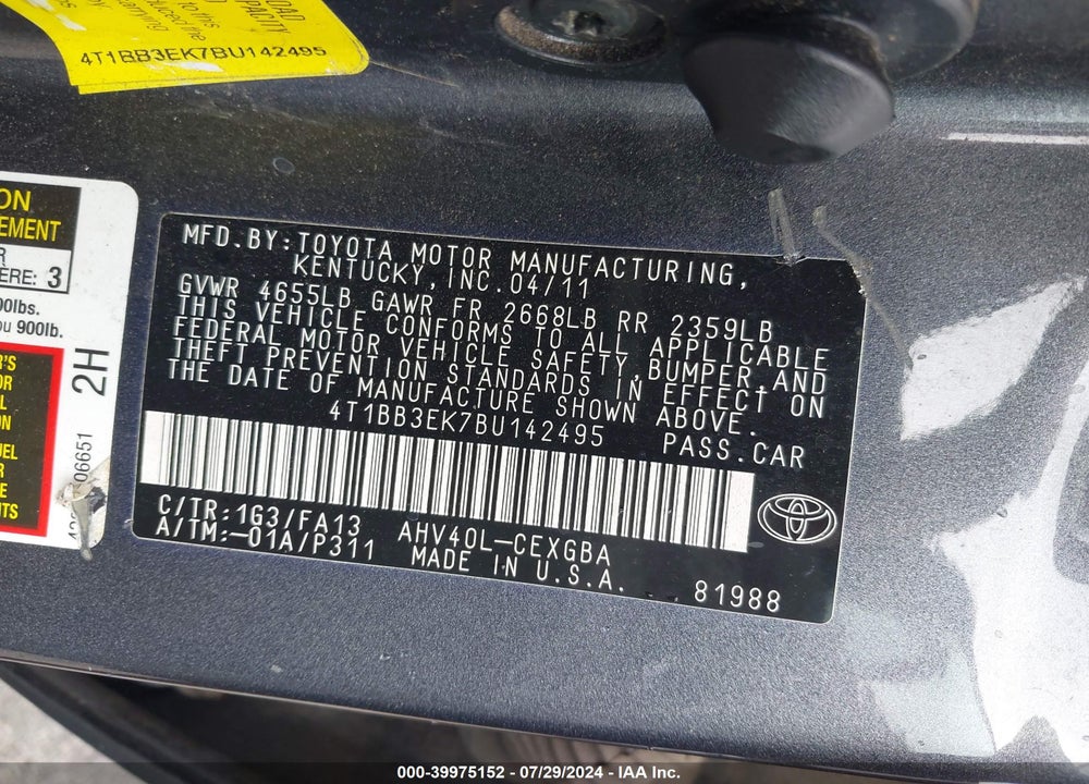 2011 TOYOTA CAMRY HYBRID VIN: 4T1BB3EK7BU142495