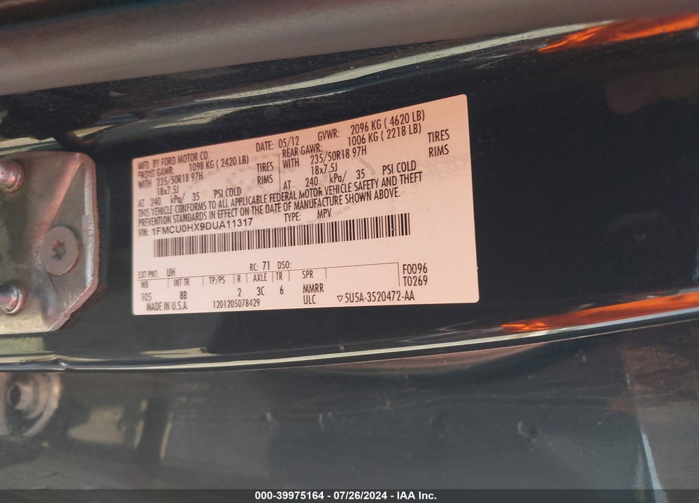 2013 FORD ESCAPE VIN: 1FMCU0HX9DUA11317