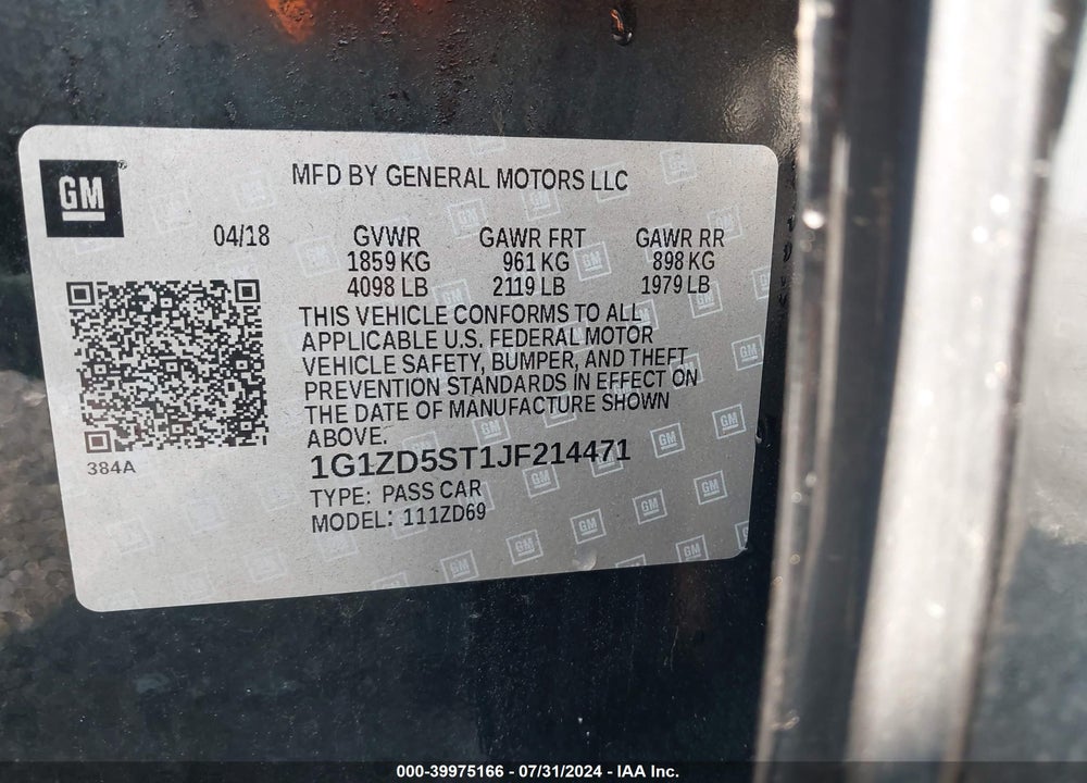 2018 CHEVROLET MALIBU LT VIN: 1G1ZD5ST1JF214471