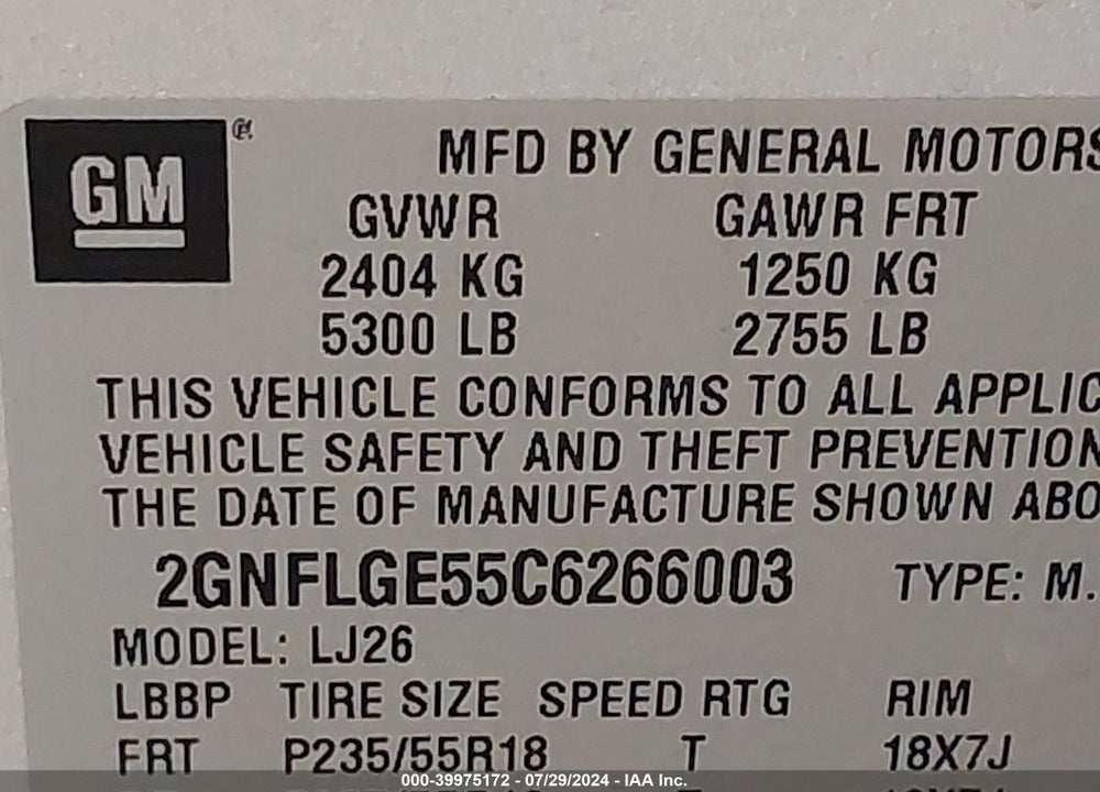 2012 CHEVROLET EQUINOX LTZ VIN: 2GNFLGE55C6266003