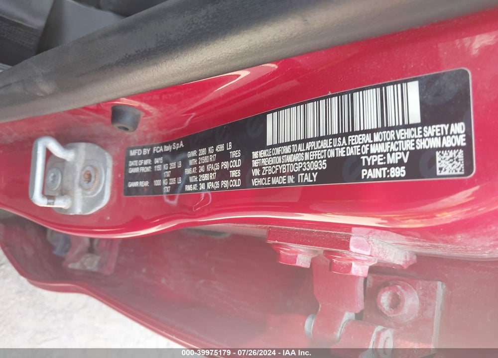 2016 FIAT 500X EASY VIN: ZFBCFYBT0GP330935