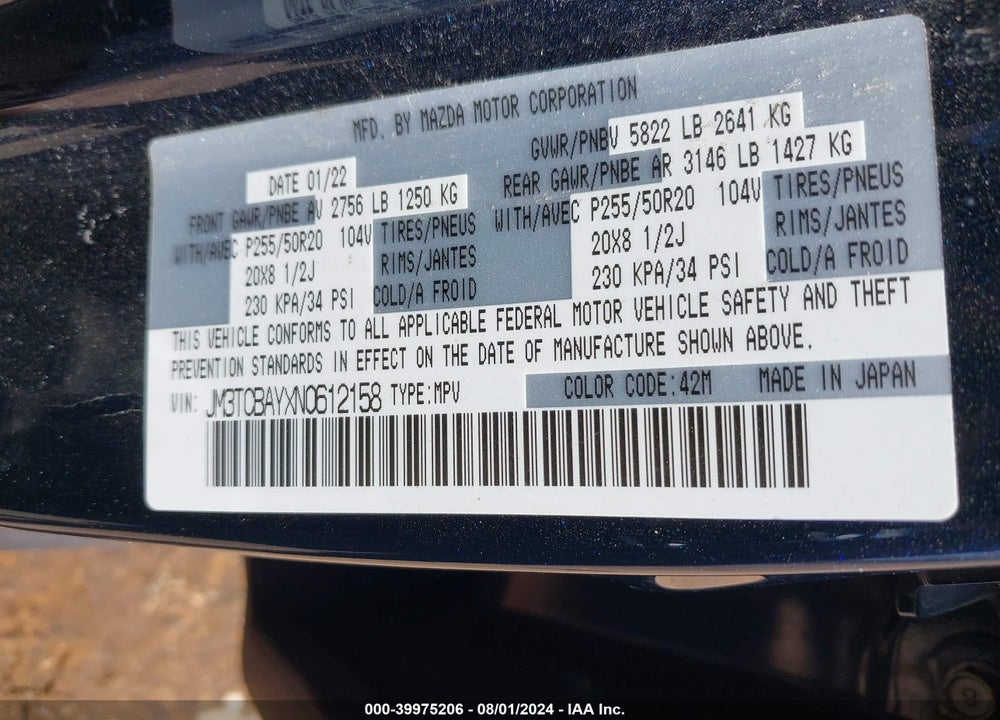 2022 MAZDA CX-9 TOURING PLUS VIN: JM3TCBAYXN0612158