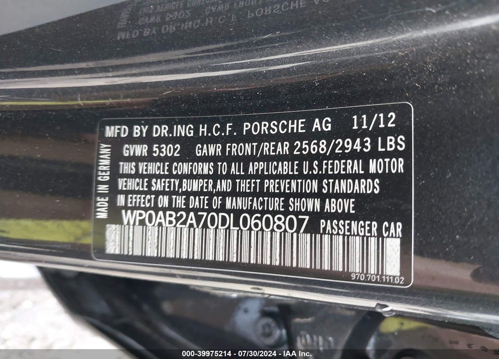 2013 PORSCHE PANAMERA S VIN: WP0AB2A70DL060807