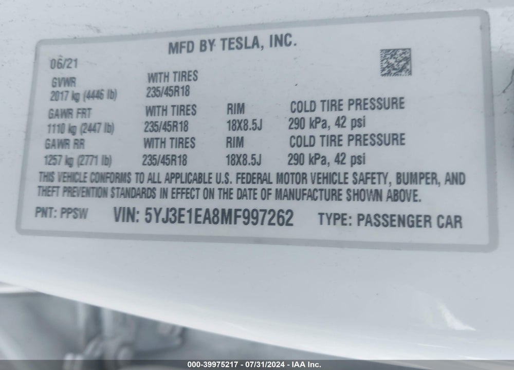 2021 TESLA MODEL 3 VIN: 5YJ3E1EA8MF997262