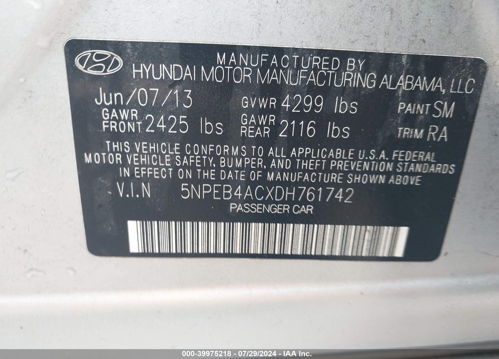 2013 HYUNDAI SONATA GLS VIN: 5NPEB4ACXDH761742