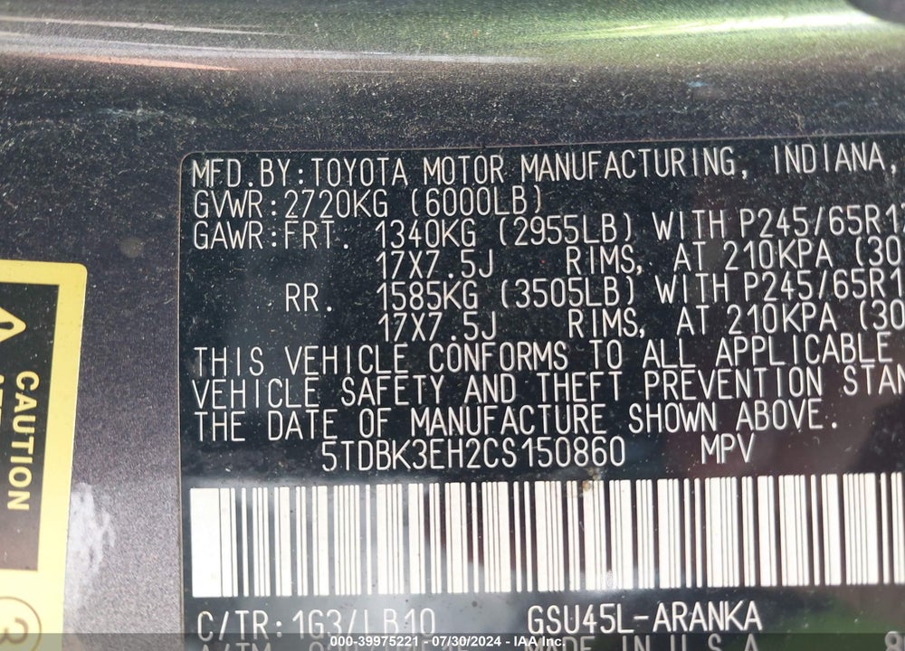 2012 TOYOTA HIGHLANDER SE V6 VIN: 5TDBK3EH2CS150860