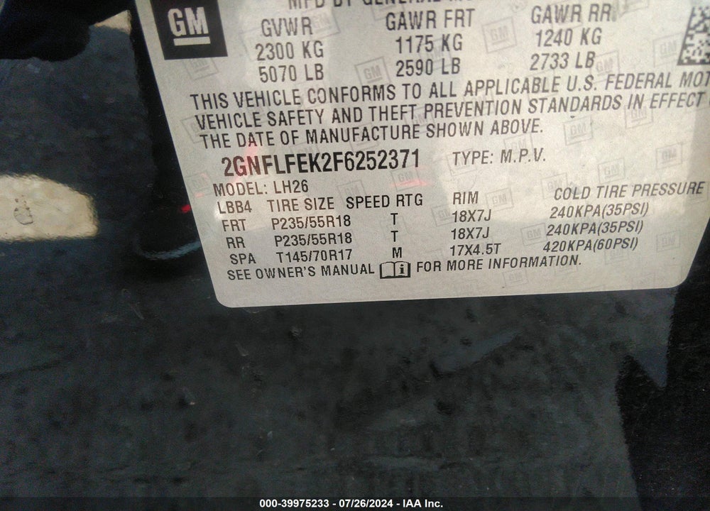 2015 CHEVROLET EQUINOX 1LT VIN: 2GNFLFEK2F6252371