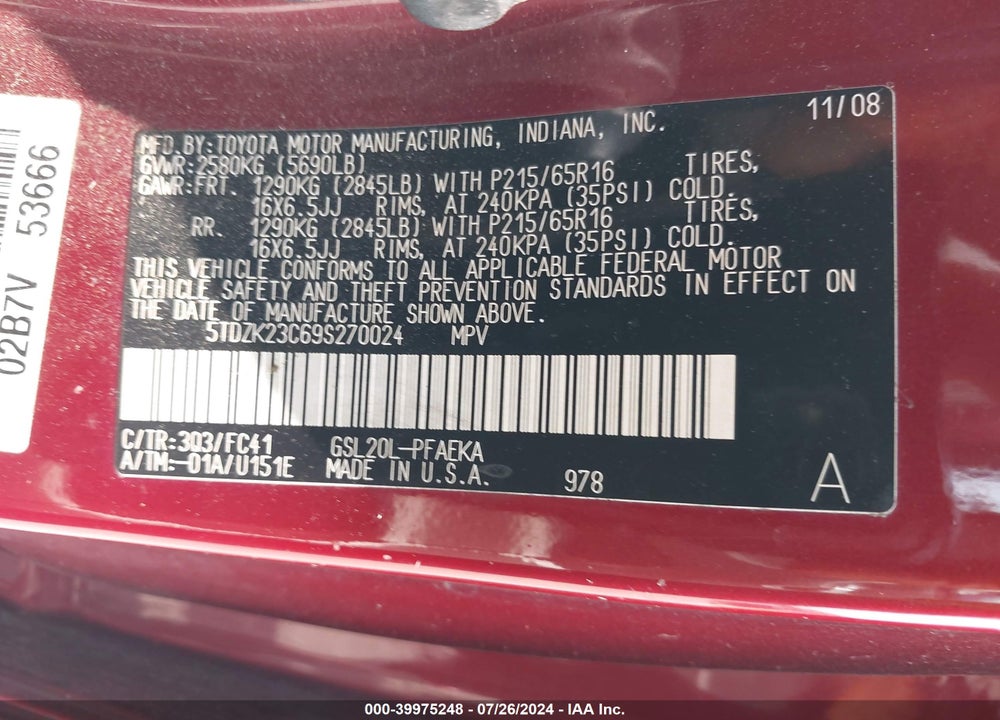 2009 TOYOTA SIENNA LE VIN: 5TDZK23C69S270024